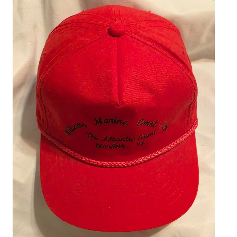 Vintage AJD Headwear Red Snapback Hat Williams Marine Norfolk VA‎ Rope Cap Mens